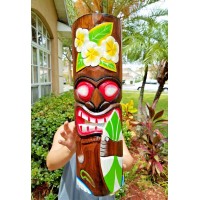 20" HANDCARVED & PAINTED TROPICAL SURFBOARD/FLOWER WOOD TIKI MASK W/ WALL HANGER   392101124990